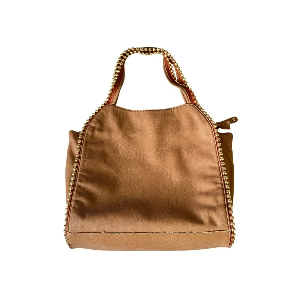 Vintage Y2K Tan Big Buddha Faux Leather Hobo Bag Gold Ball Stud Trim Slouchy KC